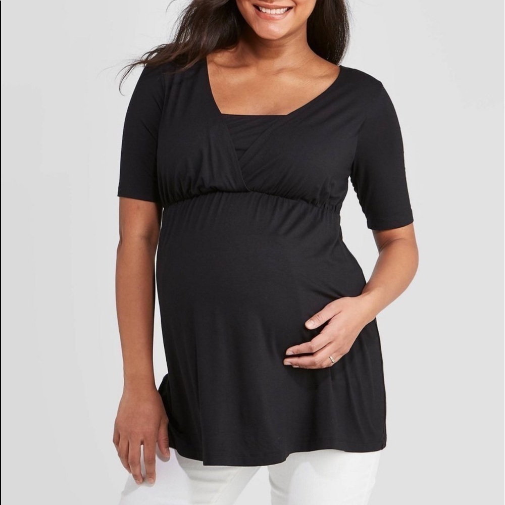 Isabel Maternity Nursing Top Tunic  Elbow Sleeve V Neck Blouse Stretchy Black XS